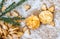 Tangerines in snow on a wooden table, new year, a still life