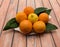 Tangerines and their live leaves lie on a platter.