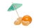 Tangerines with thr umbrella on white background