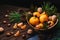 Tangerines, walnuts and hazelnuts decorated with pine cones