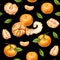 Tangerines. Watercolor drawing. Ripe peeled tangerine. Handwork. Tropical fruit. Healthy food. Seamless pattern for design