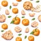 Tangerines. Watercolor drawing. Ripe peeled tangerine. Handwork. Tropical fruit. Healthy food. Seamless pattern for design