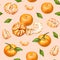 Tangerines. Watercolor drawing. Ripe peeled tangerine. Handwork. Tropical fruit. Healthy food. Seamless pattern for design