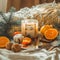 Tangerines in a winter composition, Christmas trees, candles, cones, cotton, cinnamon, garlands. Symbol of New Year and Christmas