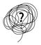 Tangle bubble of confused thoughts with question mark. Vector linear drawing doodle. Psychological concept of problem