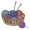 Tangles of different colors with yarn for knitting in a wicker basket. Colorful vector illustration in sketch style.