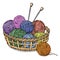 Tangles of different colors with yarn for knitting in a wicker basket. Colorful vector illustration in sketch style.