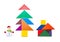 Tangram blocks shape as Christmas tree and house with snowman nearby