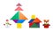 Tangram blocks shape as Christmas tree and house with snowman and reindeer nearby