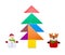 Tangram blocks shape as Christmas tree with snowman and reindeer nearby