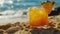 A Tangy Oasis, A Surreal Glass of Zesty Orange Juice Adorning a Mesmerizing Sandy Beach