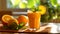 tangy orange juice Resting on a rustic wooden table