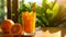 tangy orange juice Resting on a rustic wooden table