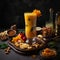 Tangy and spicy Solkadhi in a tall glass with savory snacks on table