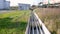 Tank cars at oil depot. Stock. Cars with fuel on the rails at the tank farm