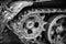 Tank caterpillar, iron wheels, tank undercarriage close up, metal wheels