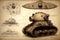 tank design drawn in pencil sketch with various components, including cannon and turret