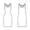 Tank dress technical fashion illustration with scoop neck, straps, knee length, oversized, fitted body, Pencil fullness.