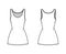 Tank dress technical fashion illustration with scoop neck, straps, mini length, fitted body, Pencil fullness. Flat
