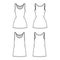 Tank dress technical fashion illustration with scoop neck, straps, mini length, oversized, fitted body, Pencil fullness