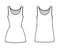 Tank dress technical fashion illustration with scoop neck, straps, mini length, oversized, fitted body, Pencil fullness.