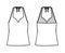 Tank halter sweetheart neck top technical fashion illustration with bow, oversized, tunic length. Flat apparel