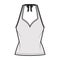 Tank halter sweetheart neck top technical fashion illustration with bow, slim fit, tunic length. Flat apparel