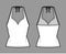 Tank halter sweetheart neck top technical fashion illustration with bow, slim fit, tunic length. Flat apparel