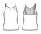 Tank high cowl Camisole technical fashion illustration with thin adjustable straps, oversized, tunic length Flat outwear