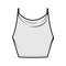 Tank high cowl Crop Camisole technical fashion illustration with thin adjustable straps, slim fit, waist length. Flat