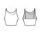 Tank high cowl Crop Camisole technical fashion illustration with thin adjustable straps, slim fit, waist length. Flat