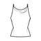 Tank high cowl top technical fashion illustration with thin adjustable straps, slim fit, elongated hem. Flat apparel