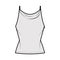 Tank high cowl top technical fashion illustration with thin adjustable straps, slim fit, elongated hem. Flat apparel