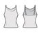 Tank high cowl top technical fashion illustration with thin adjustable straps, slim fit, elongated hem. Flat apparel