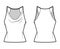 Tank low cowl Camisole technical fashion illustration with thin adjustable straps, slim fit, tunic length. Flat apparel