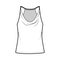 Tank low cowl Crop Camisole technical fashion illustration with thin adjustable straps, oversized, waist length. Flat