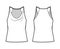 Tank low cowl Crop Camisole technical fashion illustration with thin adjustable straps, oversized, waist length. Flat