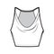 Tank low cowl Crop Camisole technical fashion illustration with thin adjustable straps, slim fit, waist length. Flat