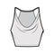 Tank low cowl Crop Camisole technical fashion illustration with thin adjustable straps, slim fit, waist length. Flat