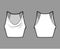 Tank low cowl Crop Camisole technical fashion illustration with thin adjustable straps, slim fit, waist length. Flat