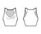 Tank low cowl Crop Camisole technical fashion illustration with thin adjustable straps, slim fit, waist length. Flat