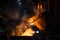 Tank pours liquid metal in the molds at the steel mill