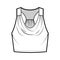 Tank racerback cowl crop top technical fashion illustration with ruching, oversized, waist length. Flat apparel outwear