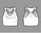 Tank racerback cowl crop top technical fashion illustration with ruching, oversized, waist length. Flat apparel outwear