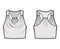 Tank racerback cowl crop top technical fashion illustration with ruching, oversized, waist length. Flat apparel outwear