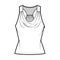 Tank racerback cowl top technical fashion illustration with ruching, fitted body, tunic length. Flat apparel outwear