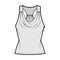 Tank racerback cowl top technical fashion illustration with ruching, fitted body, tunic length. Flat apparel outwear