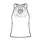Tank racerback cowl top technical fashion illustration with ruching, oversized, tunic length. Flat apparel outwear shirt