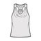 Tank racerback cowl top technical fashion illustration with ruching, oversized, tunic length. Flat apparel outwear shirt