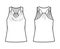 Tank racerback cowl top technical fashion illustration with ruching, oversized, tunic length. Flat apparel outwear shirt